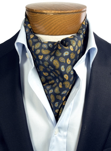 Silk Printed Paisley Ascot in Navy