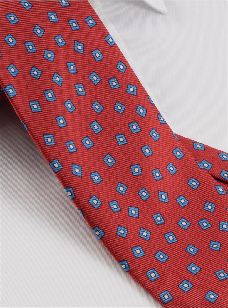 Silk Printed Tossed Squares Tie in Ruby