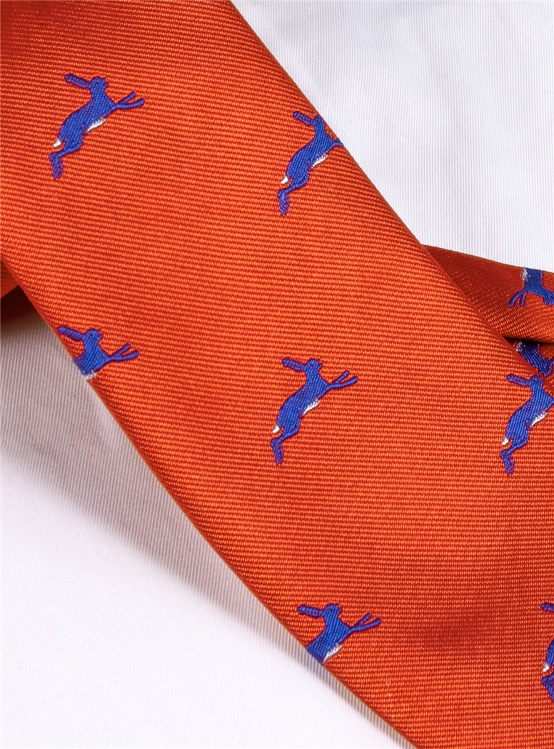 Jacquard Woven Hare Motif Tie in Tangerine