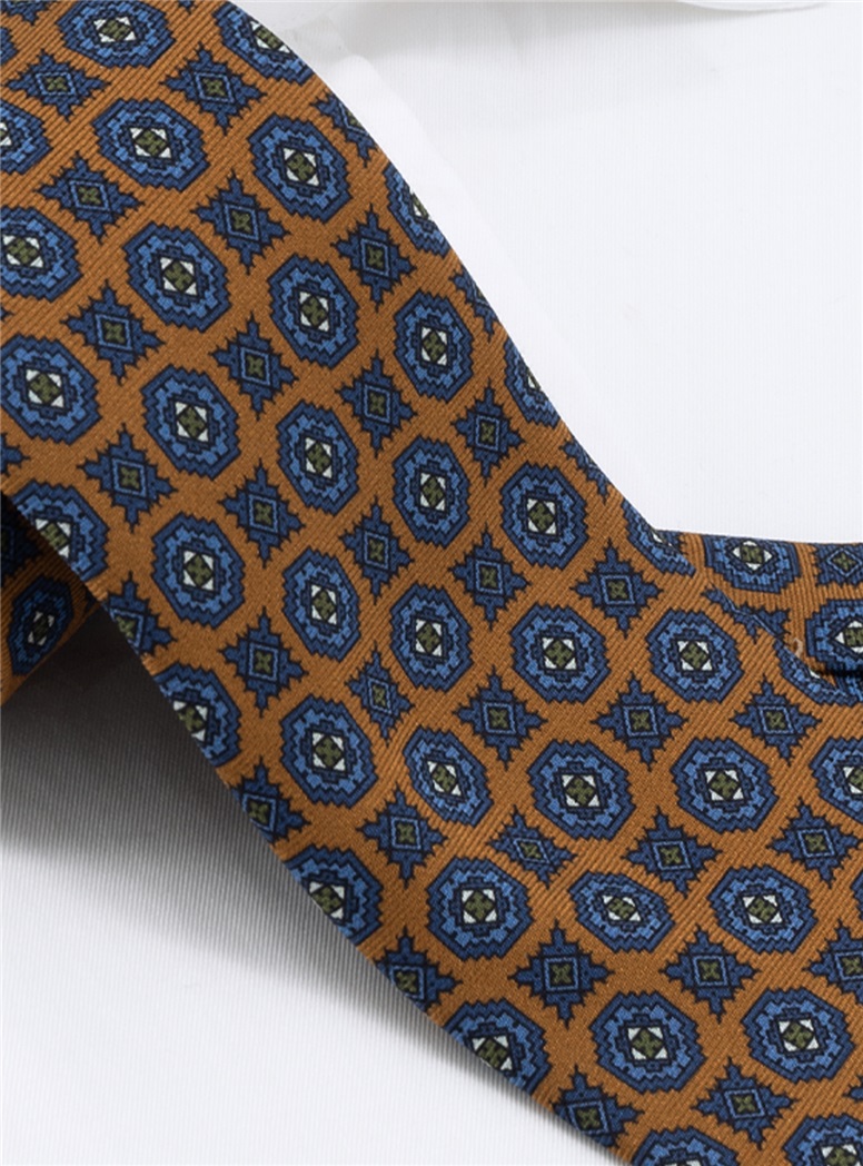 Silk Printed Medallion Motif Tie in Marigold