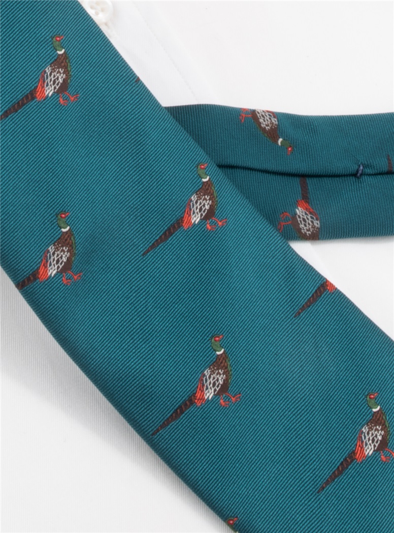 Silk Woven Pheasant Motif Tie in Teal