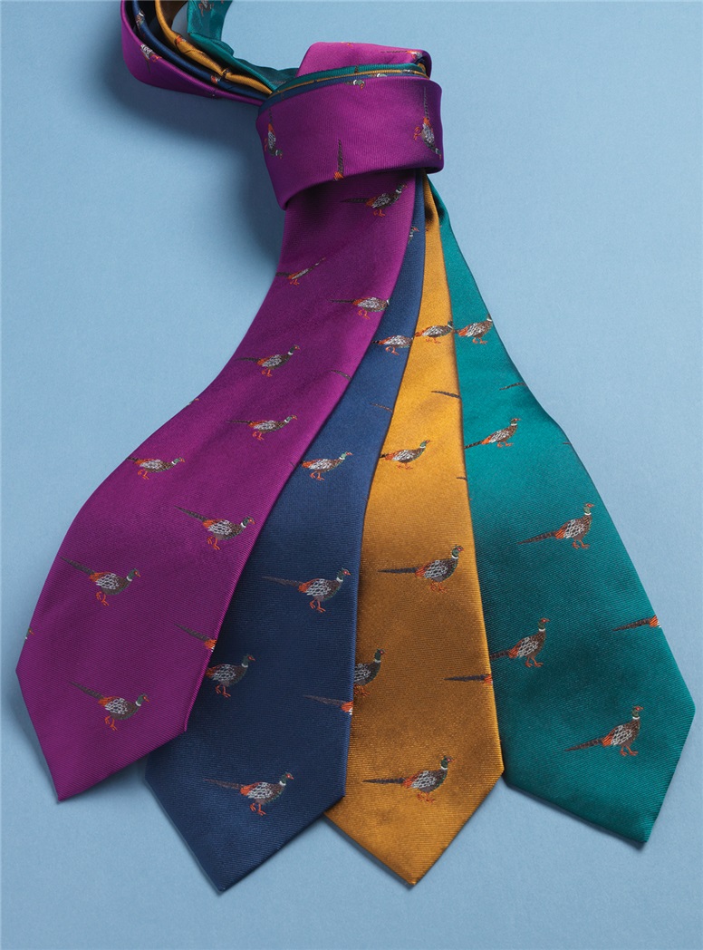 Silk Woven Pheasant Motif Tie in Teal