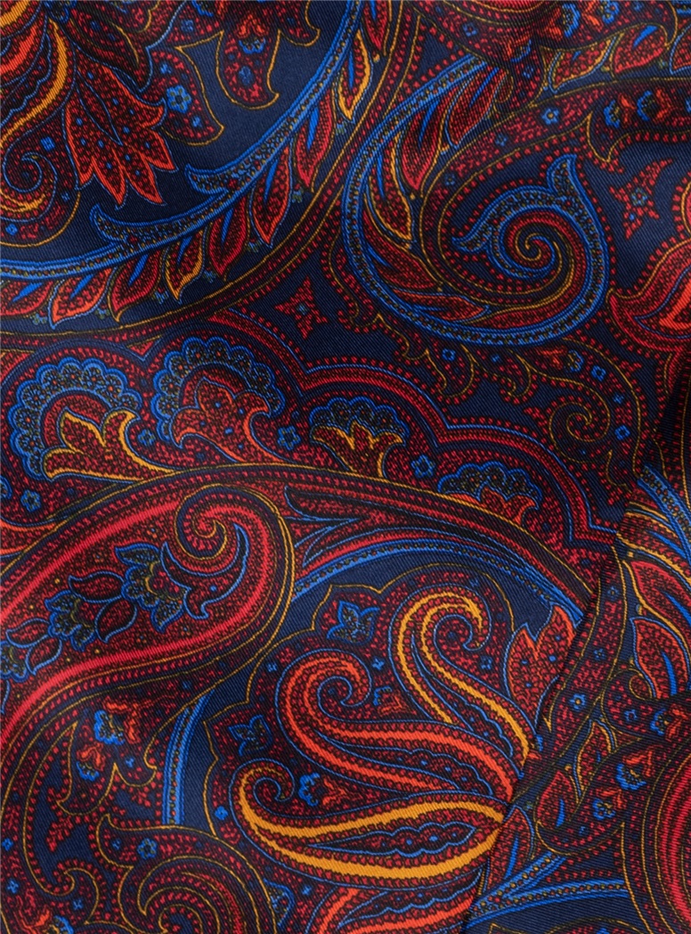Silk Printed Paisley Ascot in Royal & Coral