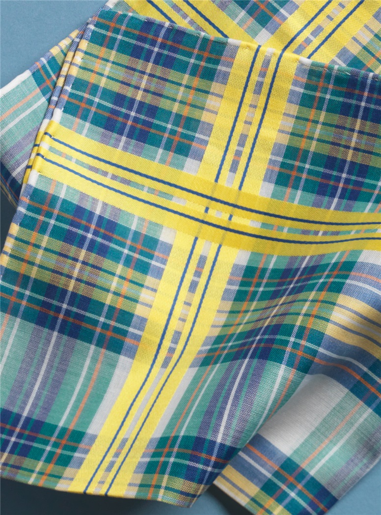 Blue, Green and Yellow Plaid Cotton Pocket Square