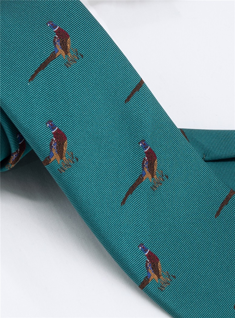 Silk Woven Pheasant Motif Tie in Teal