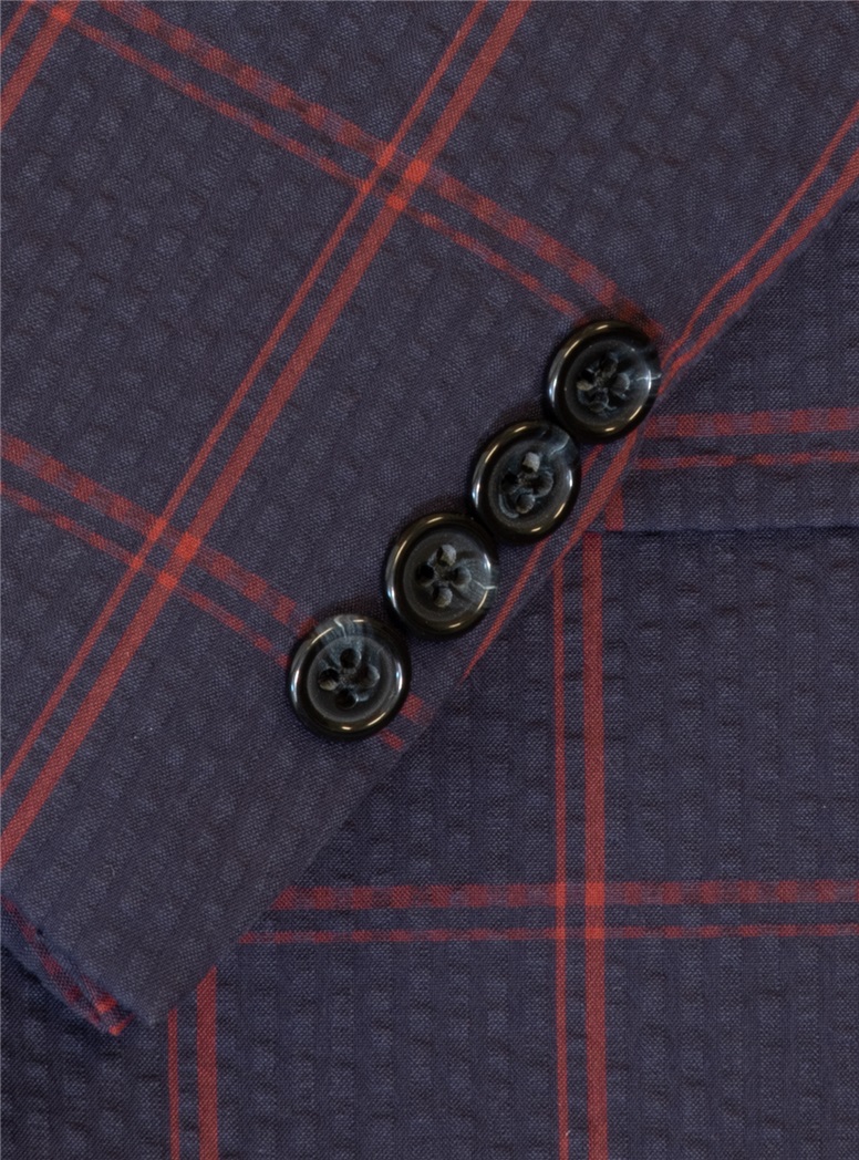 Navy Seersucker Sport Coat with Cranberry Windowpane