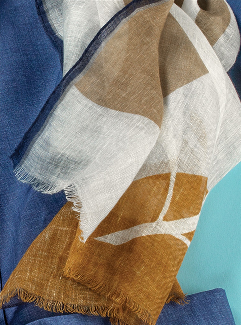 Linen Palm Print Scarf in Navy & Amber