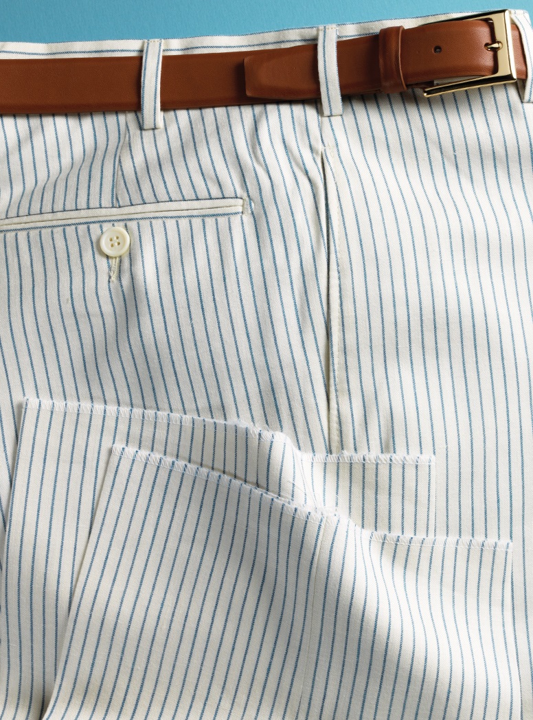 Cream Trousers with Blue Pinstripe in Forward Pleat