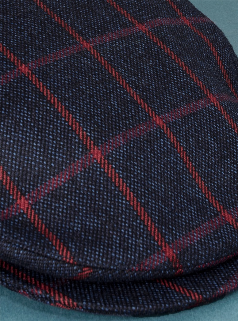 Wool Helmsley Cap in Navy and Red Windowpane