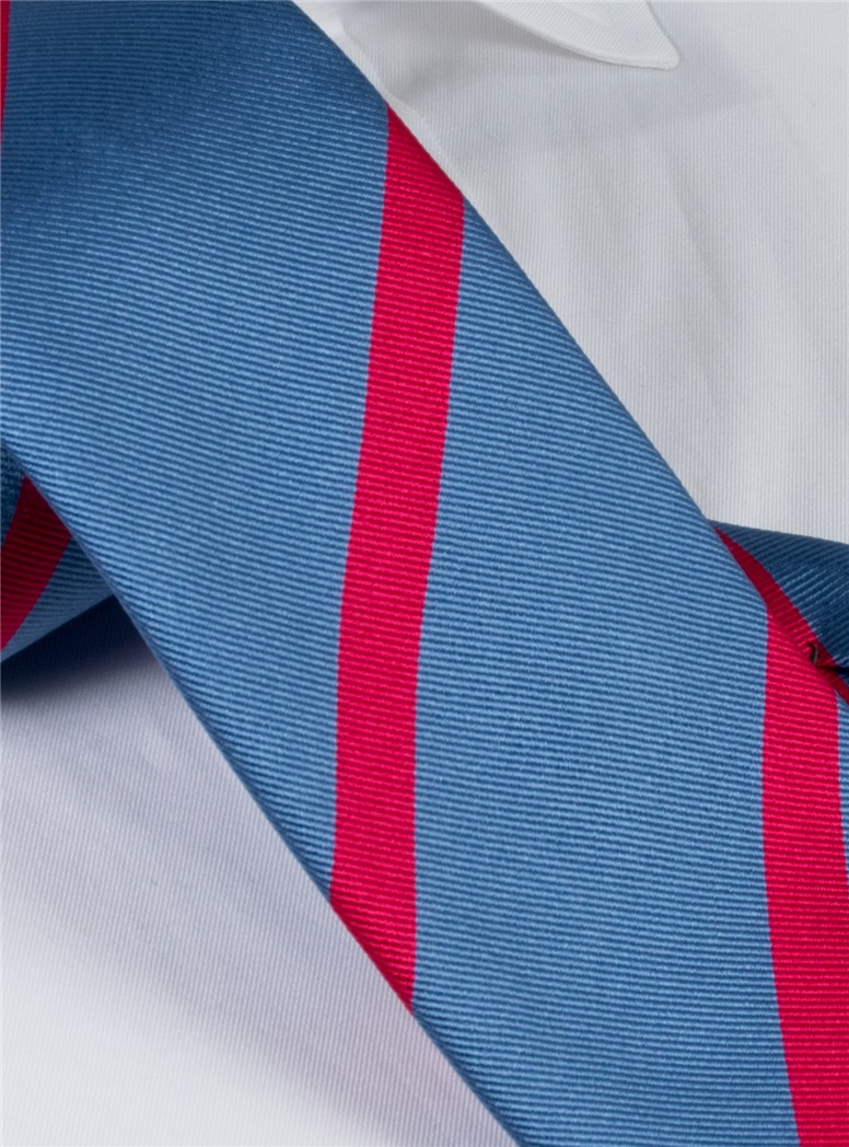 Silk Bar Stripe Tie in Sky with Magenta