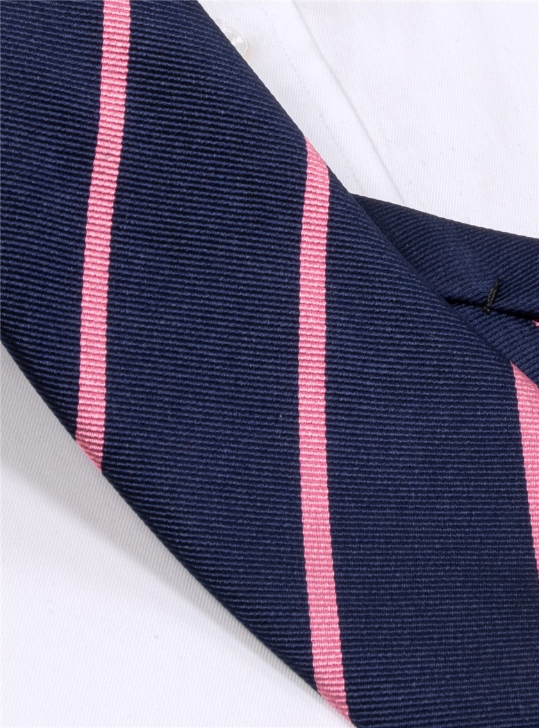 Silk Bar Striped Tie in Navy with Rose