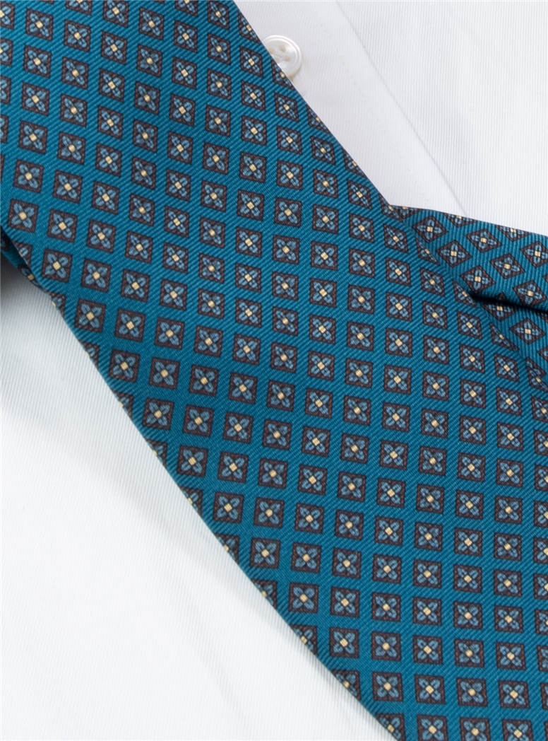 Silk Neat Print Tie in Teal