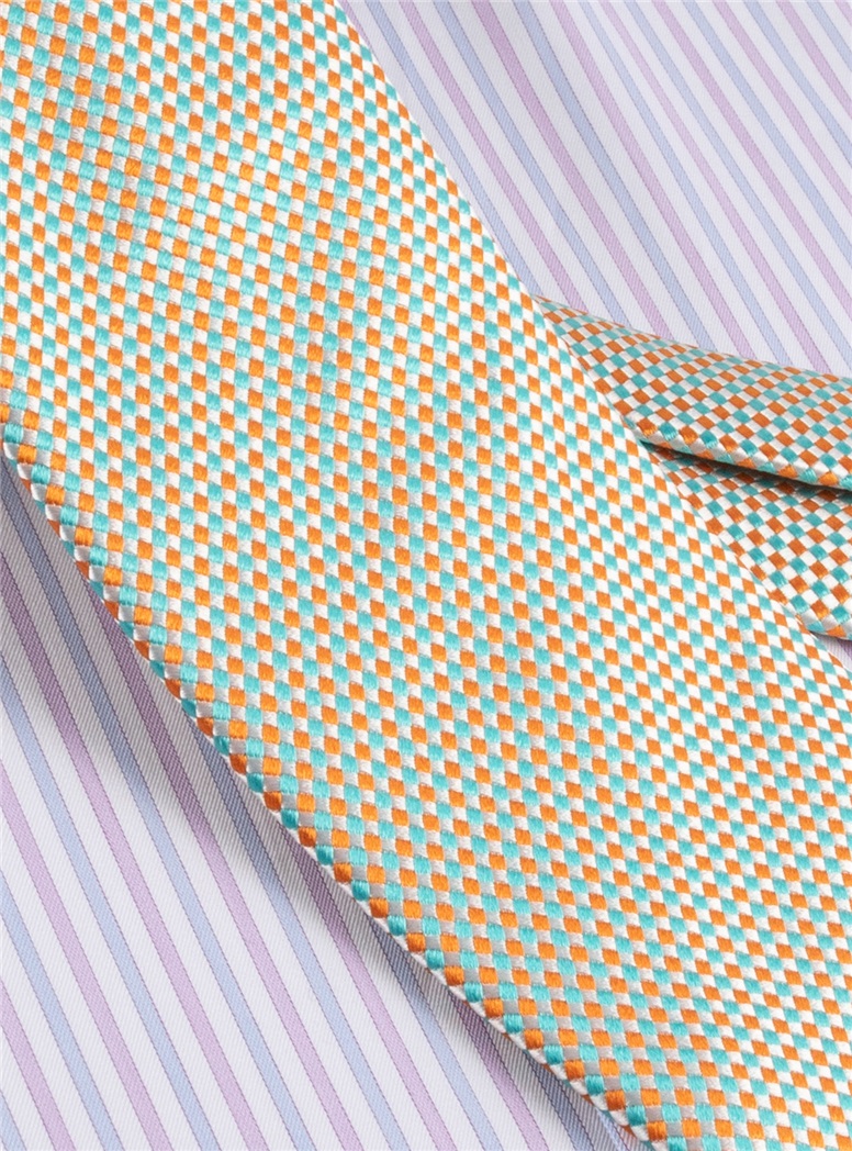 Silk Basketweave Tie in Aqua and Tangerine