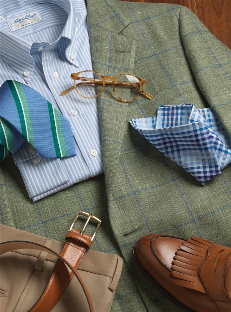 Wool, Silk & Linen Sport Coat in Olive with Blue Windowpane