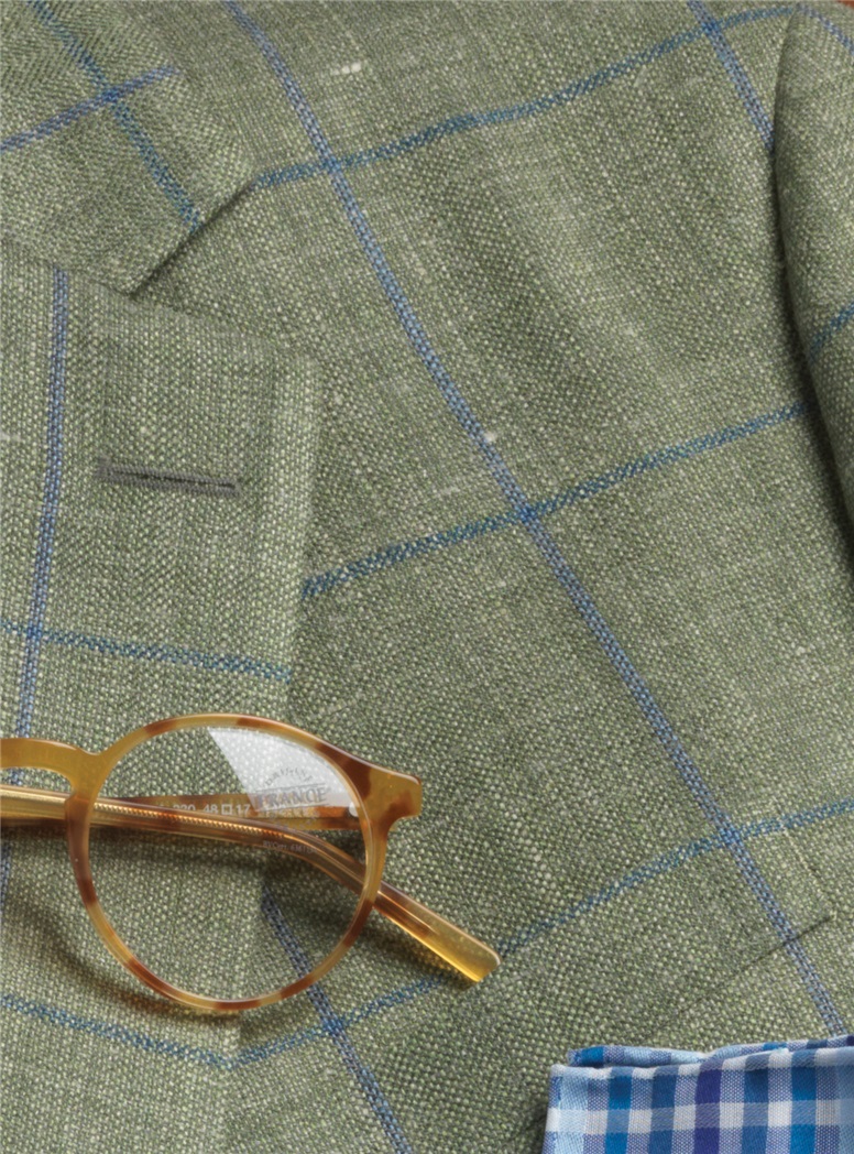 Wool, Silk & Linen Sport Coat in Olive with Blue Windowpane