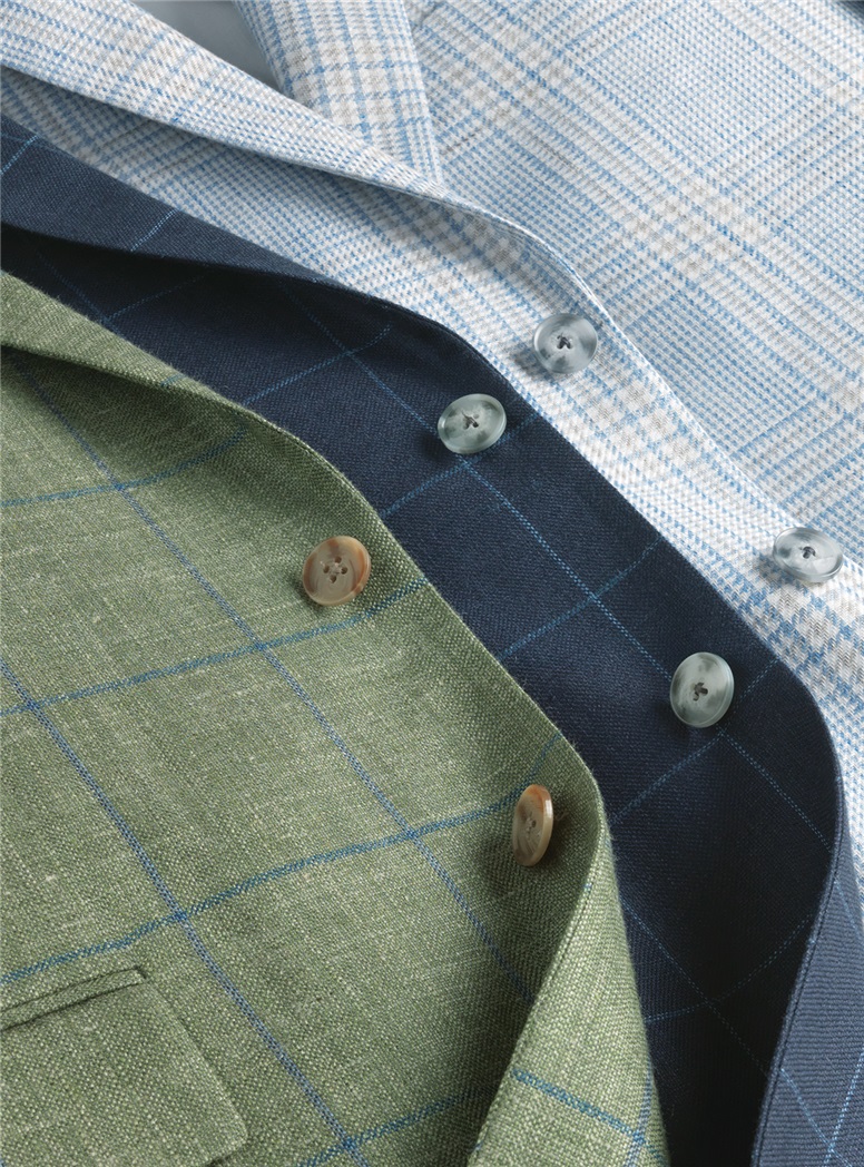 Wool, Silk & Linen Sport Coat in Olive with Blue Windowpane