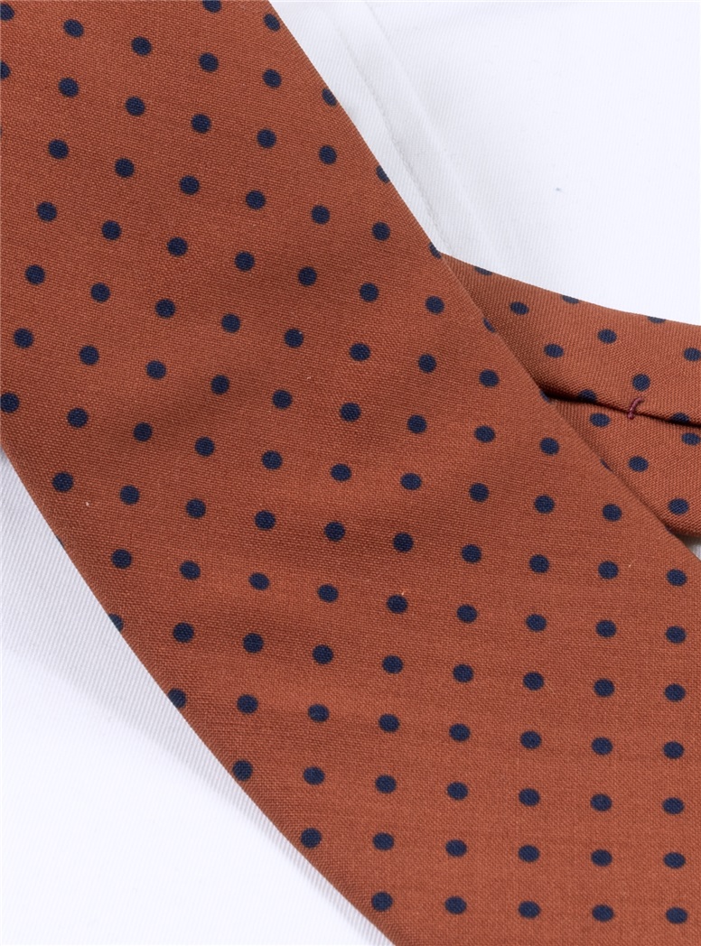 Wool Printed Dots Tie in Amber with Navy
