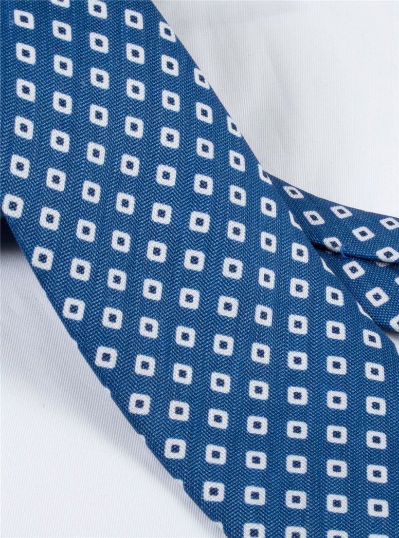 Silk and Linen Square Motif Printed Tie in Denim