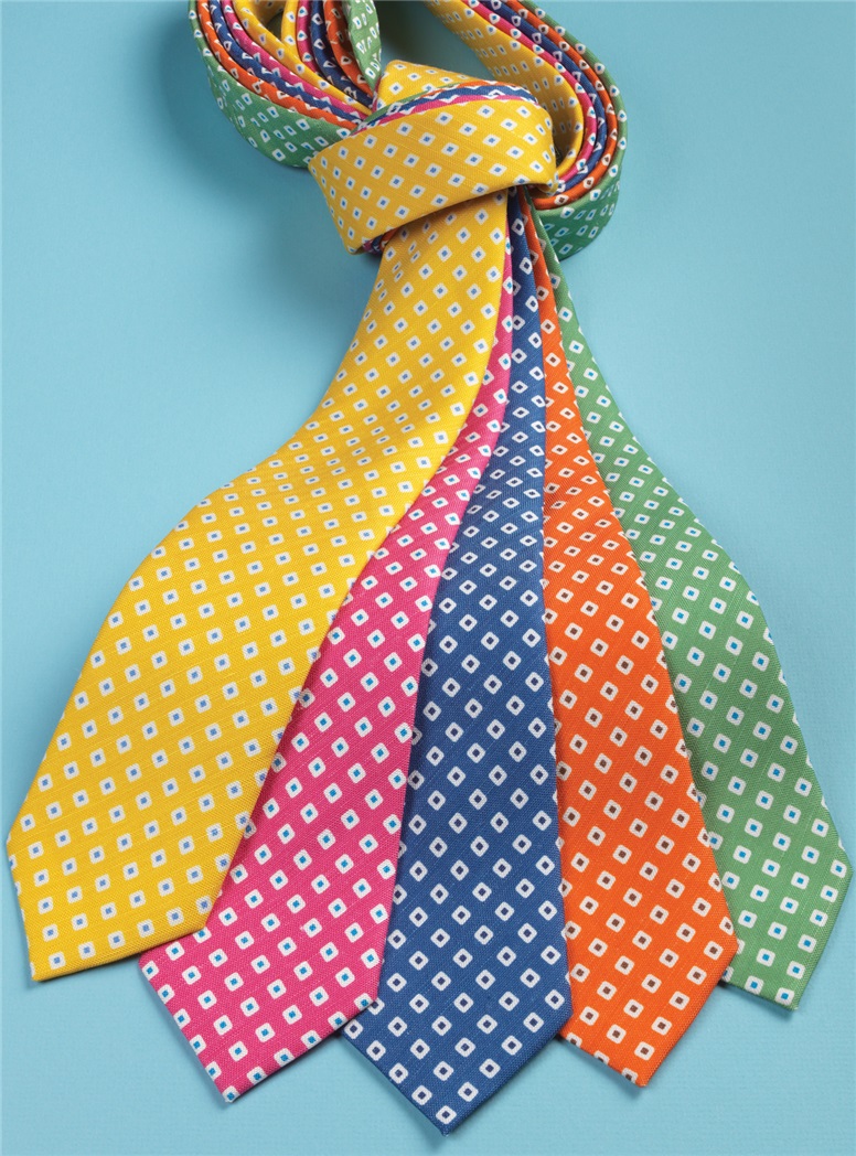 Silk and Linen Square Motif Printed Tie in Denim