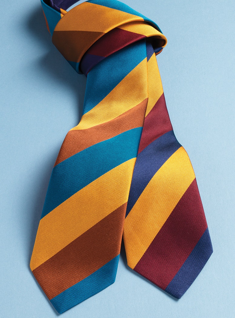 Silk Block Striped Tie in Navy, Amber, and Gold