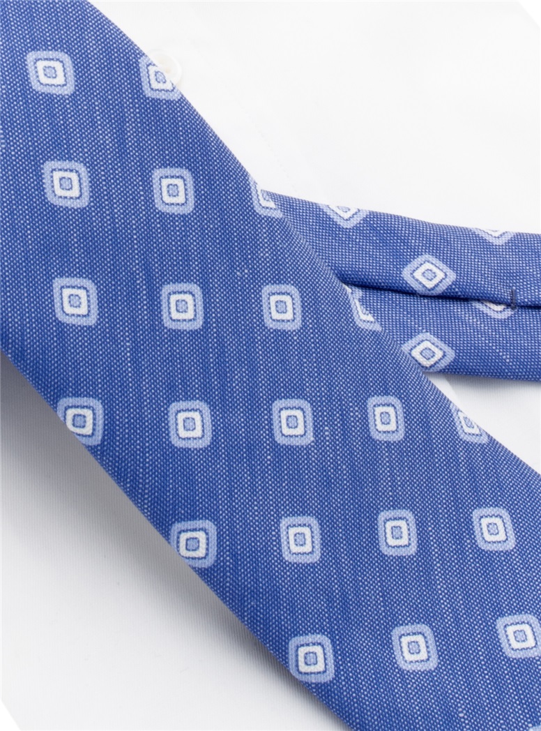 Silk and Linen Diamond Printed Tie in Denim