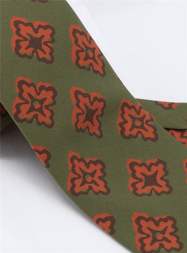 Silk Printed Medallion Motif Tie in Fern