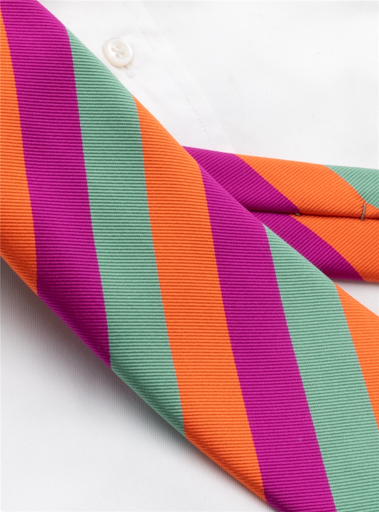 Silk Block Striped Tie in Sage and Magenta