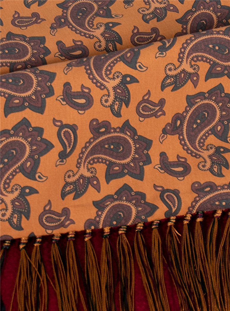 Silk Paisley Printed Scarf in Copper with Cranberry Cashmere Reverse