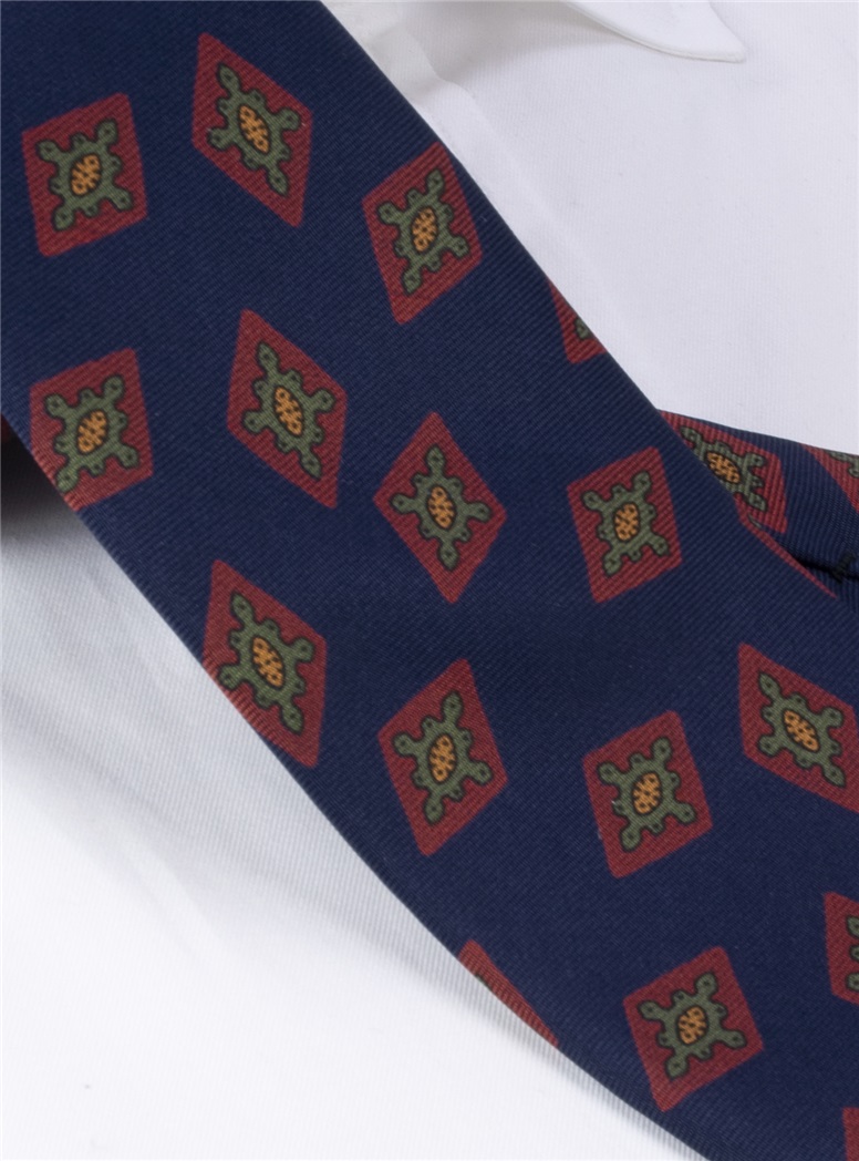 Silk Printed Diamond Motif Tie in Navy