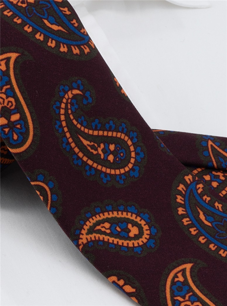 Wool Large Printed Paisley Tie in Burgundy