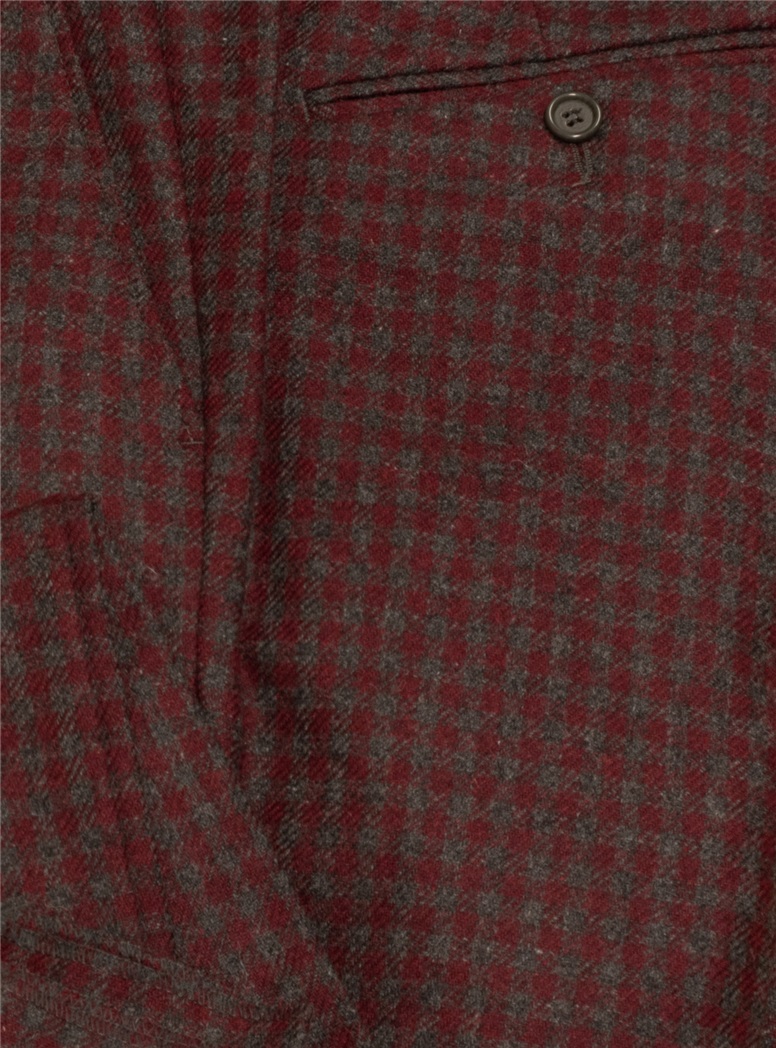 Burgundy and Grey Check Flannel Trouser in Plain Front