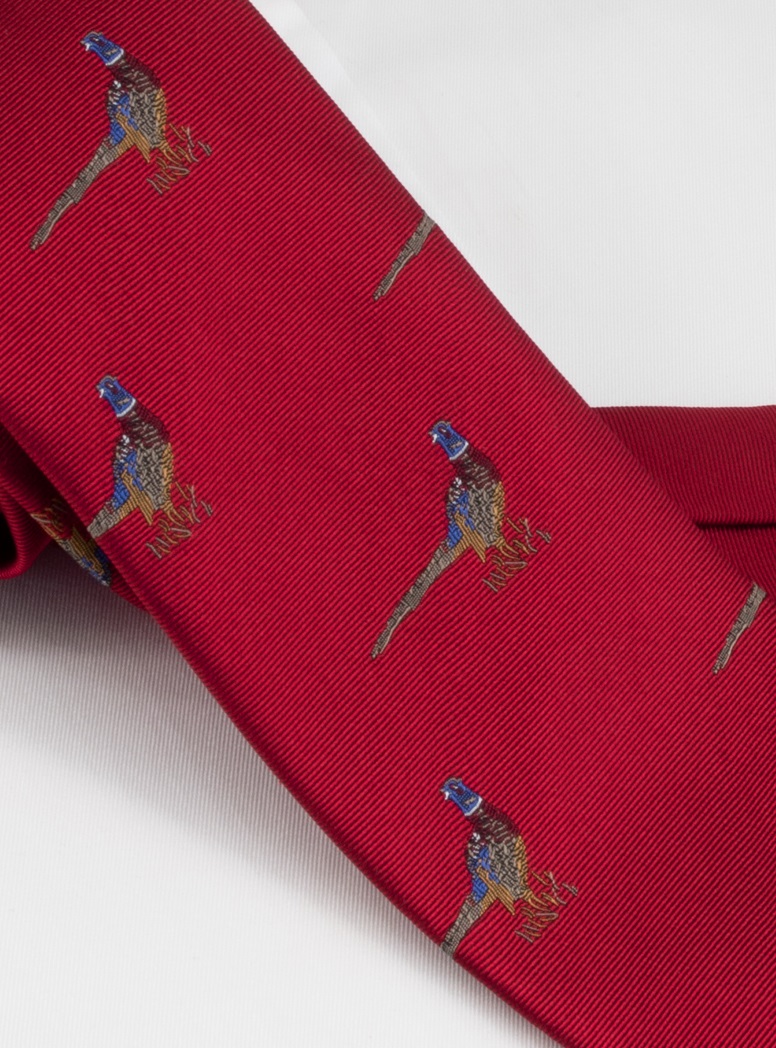 Silk Woven Pheasant Motif Tie in Crimson