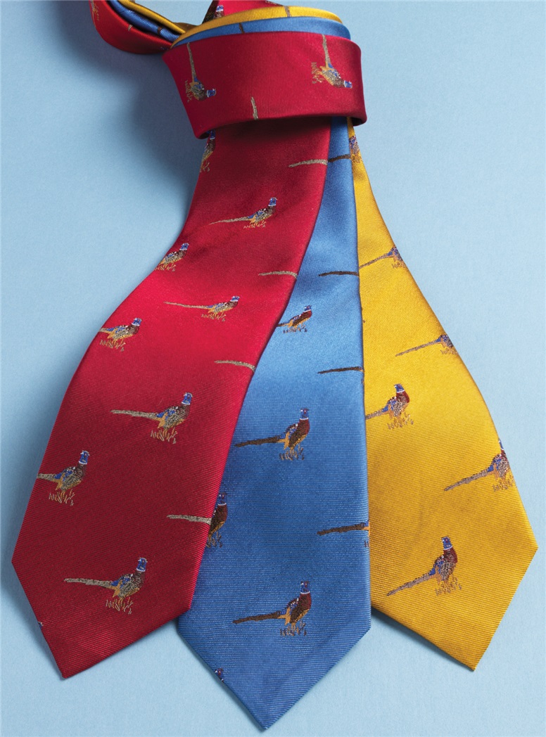 Silk Woven Pheasant Motif Tie in Crimson