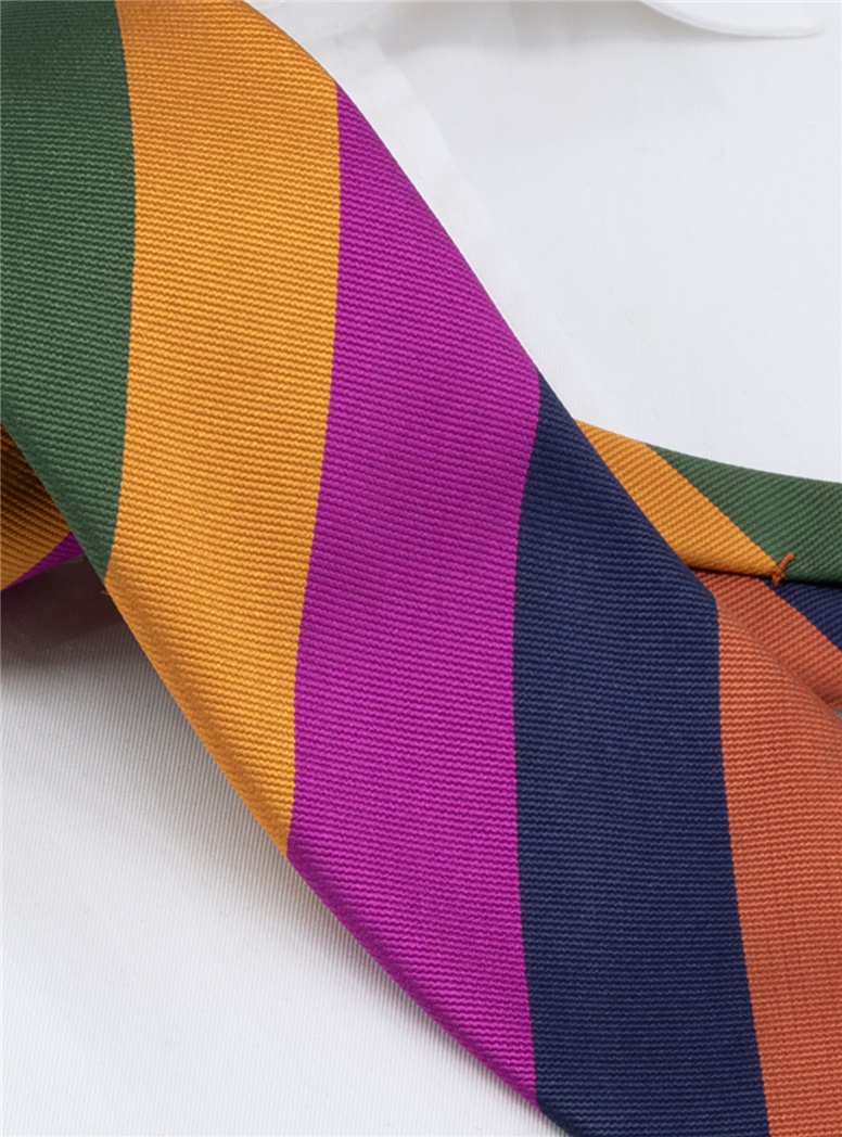 Silk Block Striped Tie in Magenta, Gold and Forest