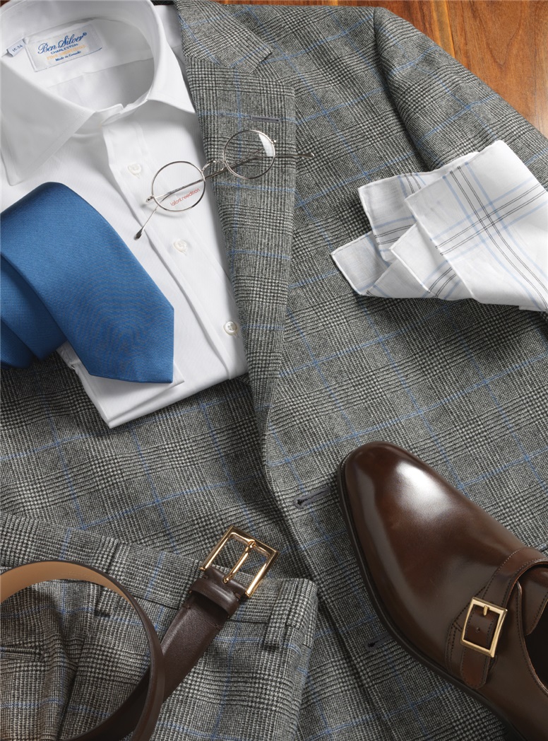 Wool and Cashmere Glen Plaid Suit with Blue Windowpane