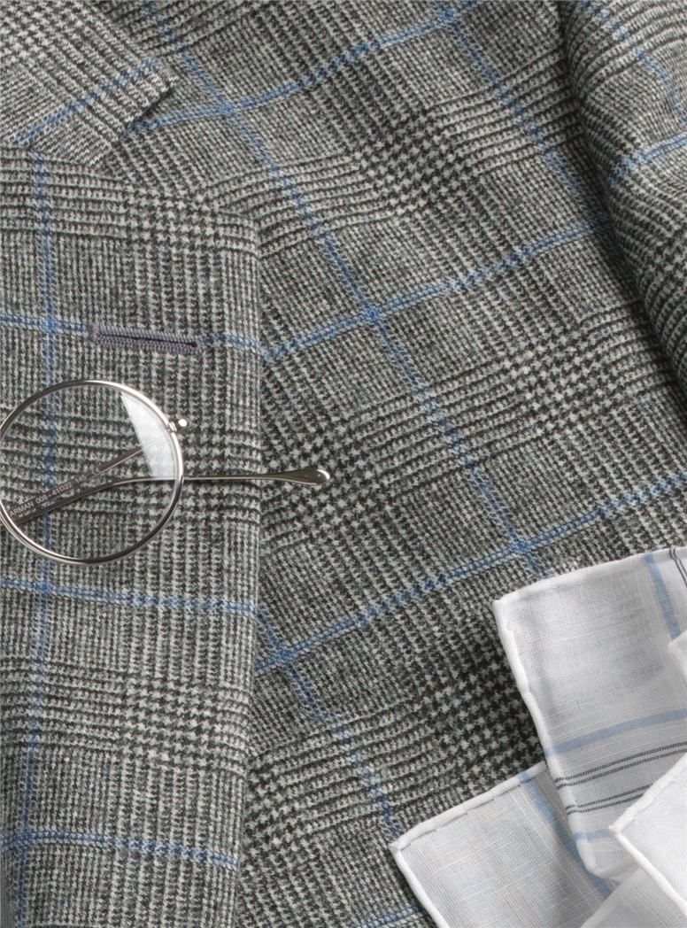 Wool and Cashmere Glen Plaid Suit with Blue Windowpane