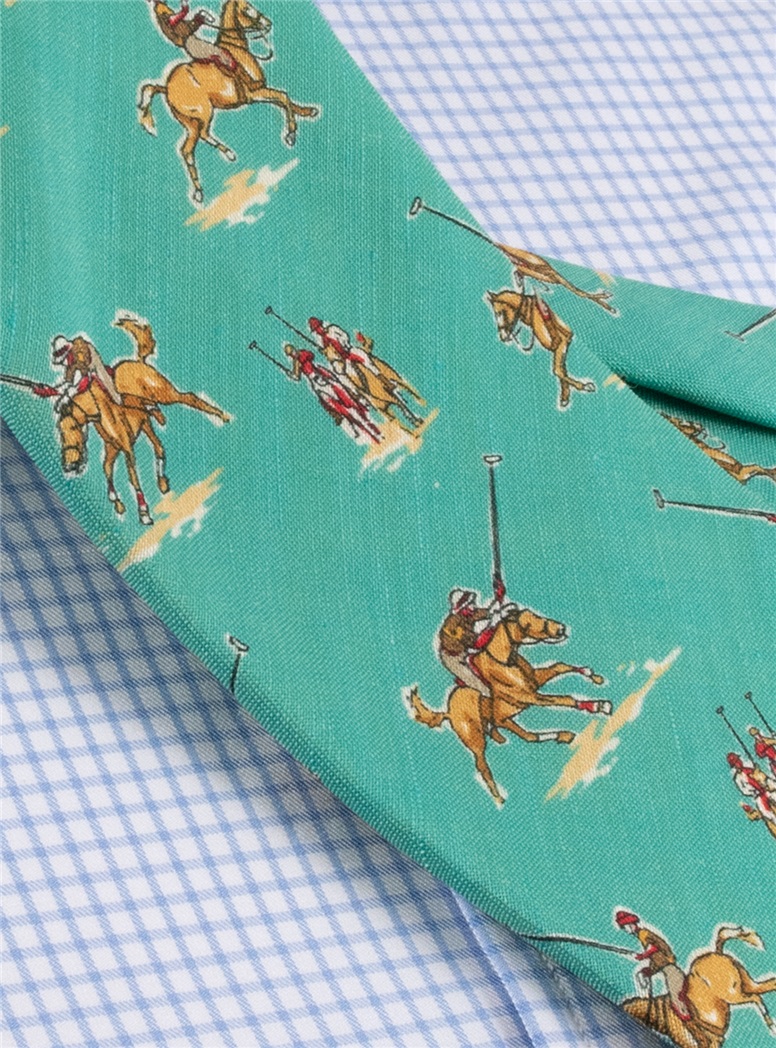 Silk Print Polo Player Motif Tie in Aqua