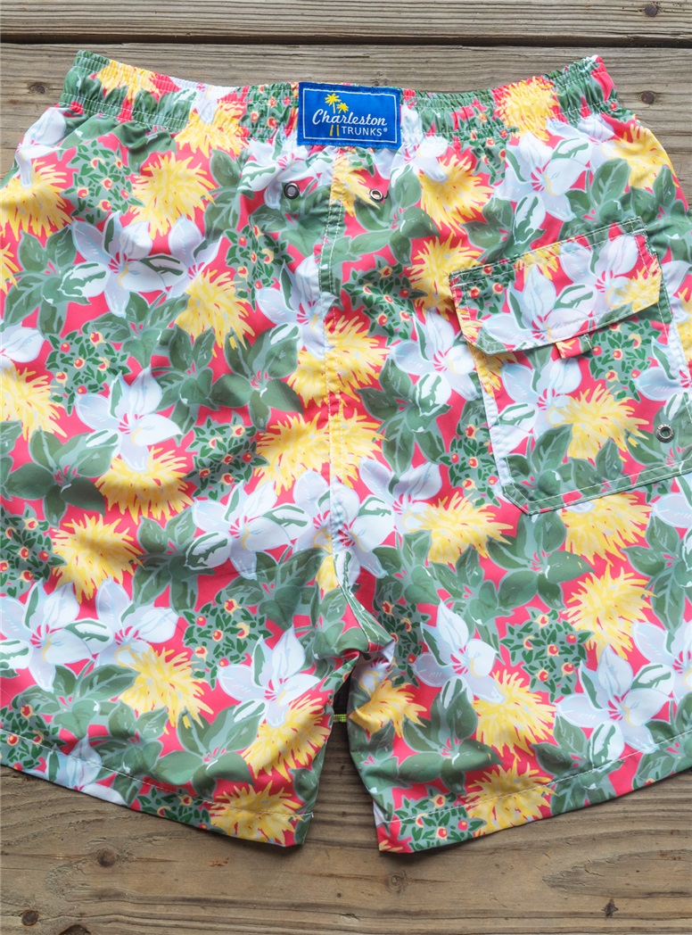 Tropical Flower Print Trunks in Coral
