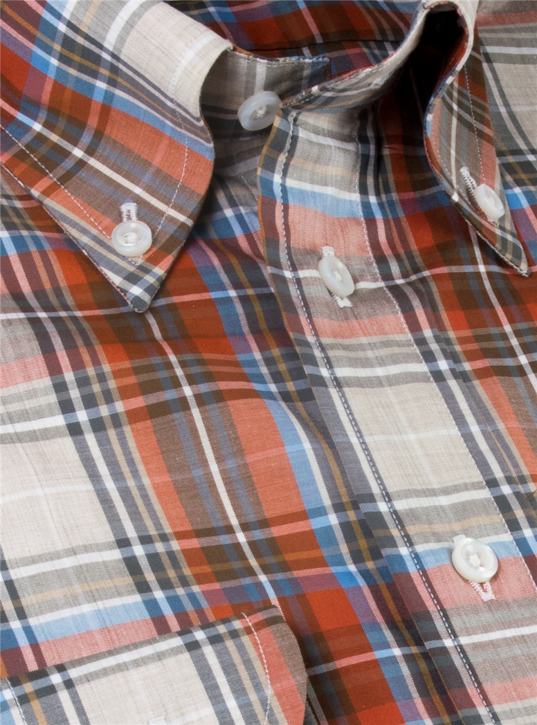 Brown, Brick Red and Pacific Blue Plaid Cotton Button Down