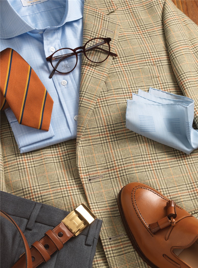 Sage and Cream Glen Plaid Sport Coat with Copper  Overcheck