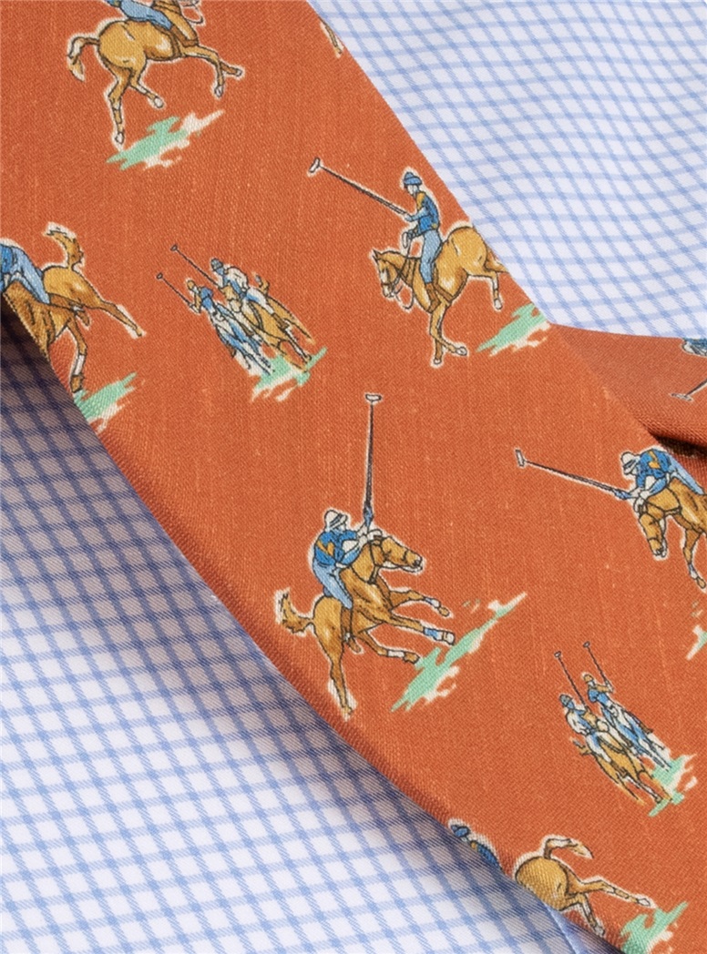 Silk Print Polo Player Motif Tie in Tangerine