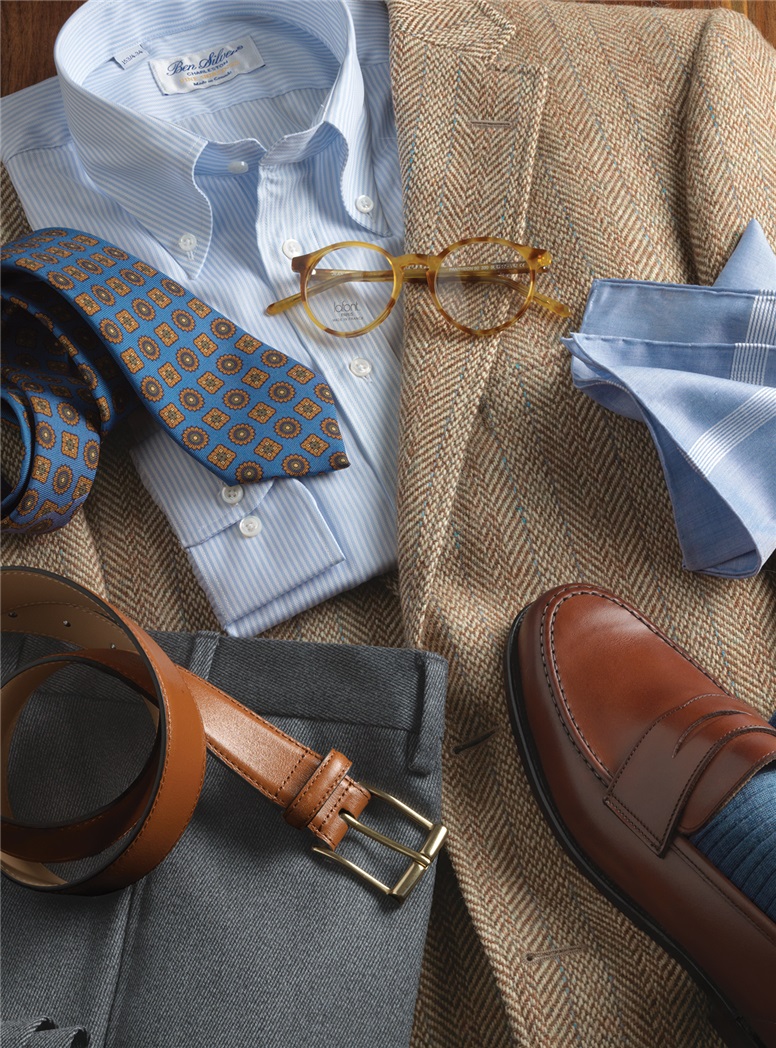 Tan Donegal Herringbone Sport Coat with Dusty Blue Stripe