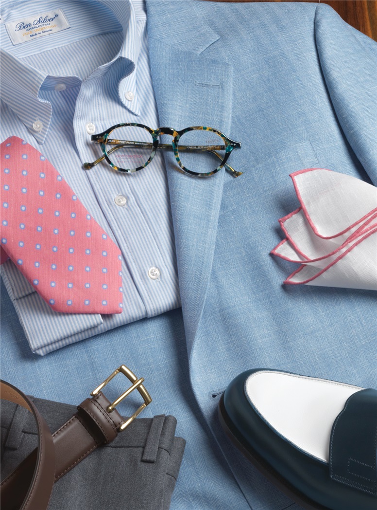 Wool, Silk & Linen Sport Coat in Sky Herringbone