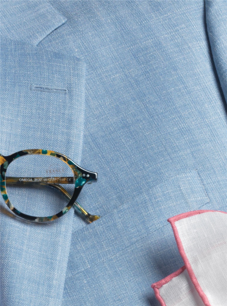 Wool, Silk & Linen Sport Coat in Sky Herringbone