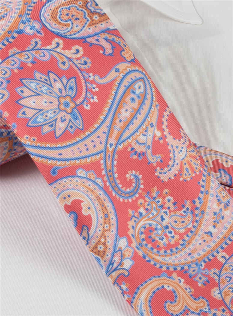 Silk Paisley Printed Tie in Coral