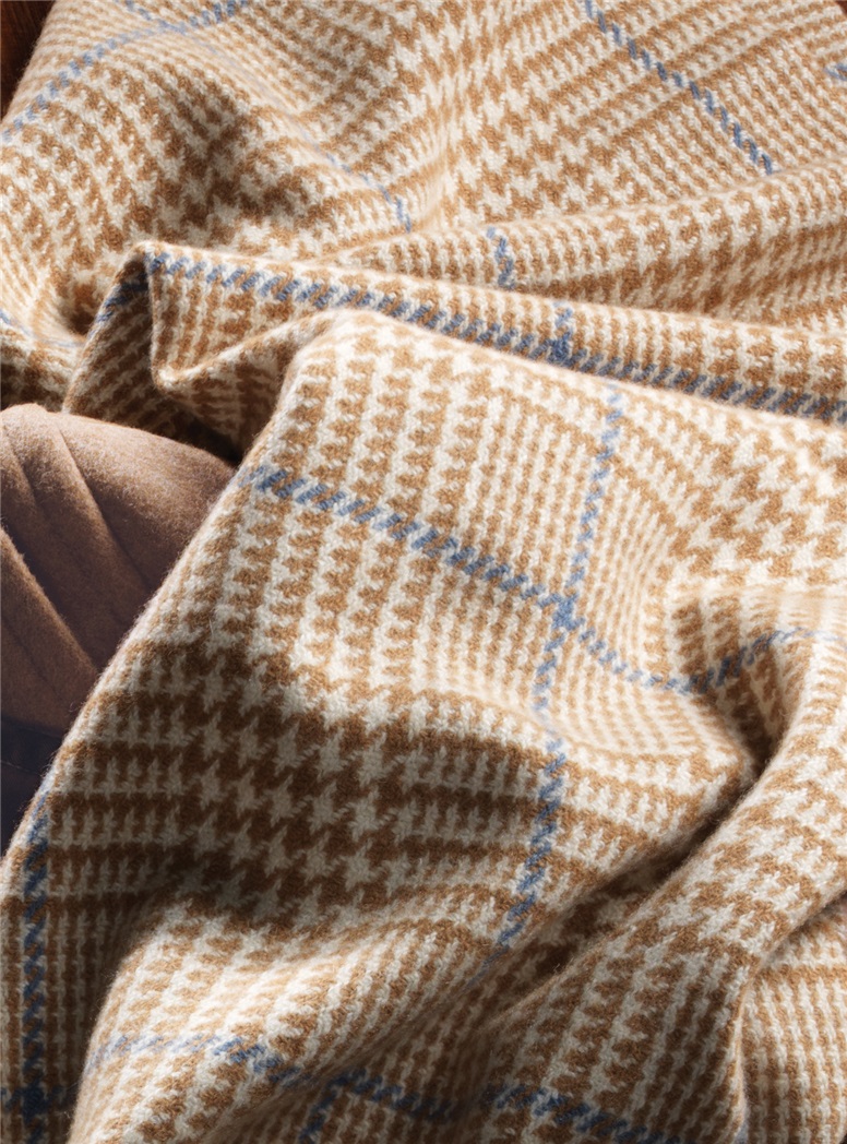 Cashmere Heritage Check Scarf in Cream and Wheat with Powder Blue Windowpane