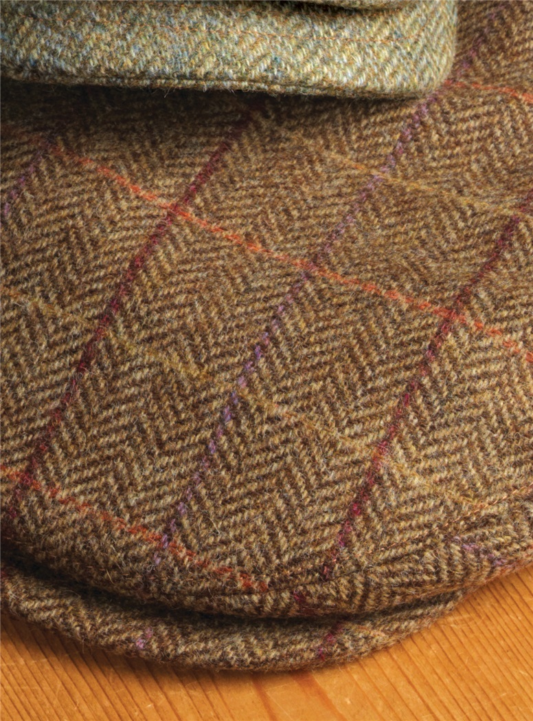 Wool Helmsley Cap in Chestnut Herringbone with Autumnal Windowpanes