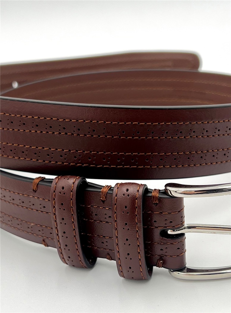 Dark Tan Leather Belt in Small Brogue Pattern