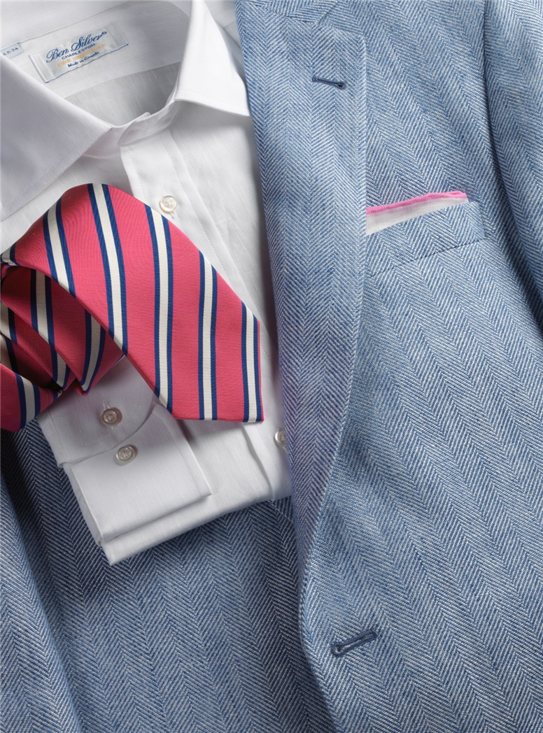 Blue and White Herringbone Linen Sport Coat