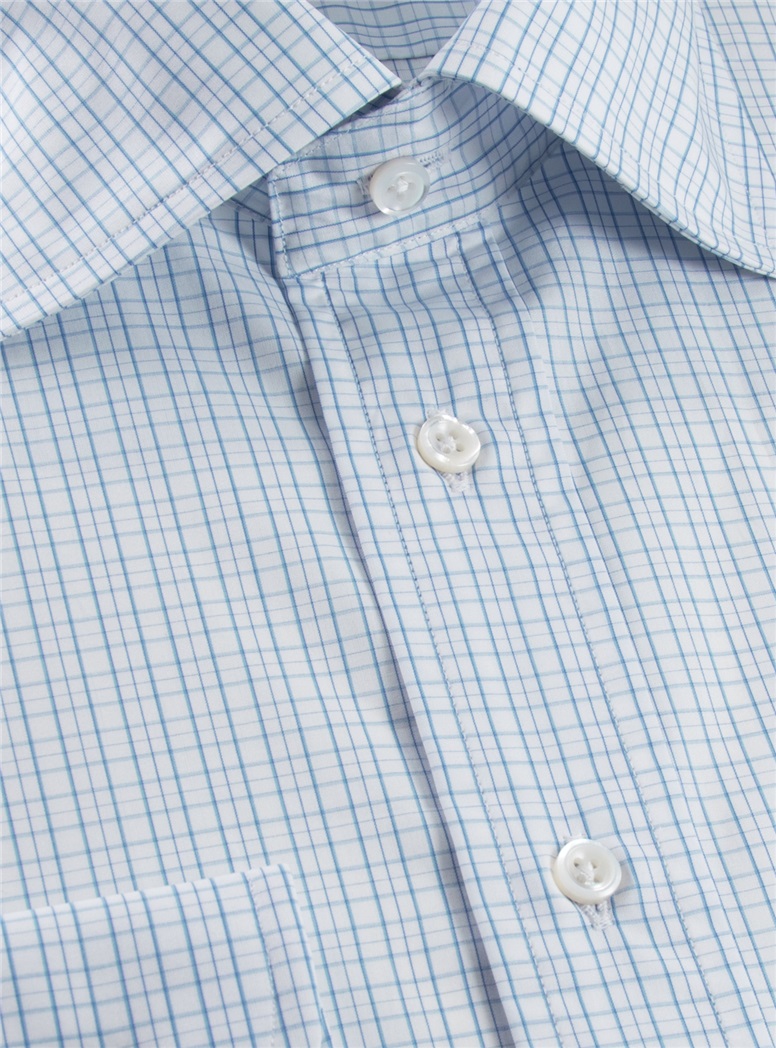 170's White with Blue Graph Check Spread Collar